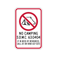 City of San Diego M.C. No Camping Sign - 12x18 - Reflective rust-free heavy-gauge aluminum Property Signs