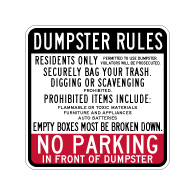 No Parking In Front Of Dumpster Rules Sign - 18x18 - Made with Reflective Rust-Free Heavy Gauge Durable Aluminum. Buy Video Security Signs,  Video Surveillance Signs and Security Signs from StopSignsandMore.com