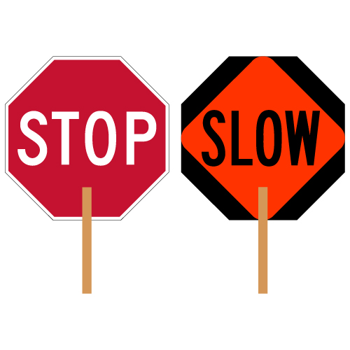 Hand-held STOP-SLOW Paddle signs - STOP Side is Engineer Grade Reflective, and SLOW side uses both HIP and Diamond Grade (DG3) Reflective. Sign is made with durable Light-Weight (.050) Aluminum