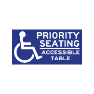 Table Label - Priority Seating Accessible Table - 4x2 (Package of 3). Peel and Stick Labels for Restaurant Tables with Wheelchair Symbol (ISA) and Text.