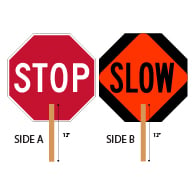 Hand-held STOP-SLOW Paddle signs - STOP Side is High Intensity Prismatic (HIP) Reflective, and SLOW side uses both HIP and Diamond Grade (DG3) Reflective. Sign is made with durable Light-Weight (.050) Aluminum