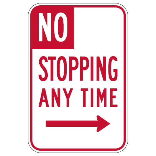 R28(S) (CA) No Stopping Any Time Sign - Right Arrow - 12x18