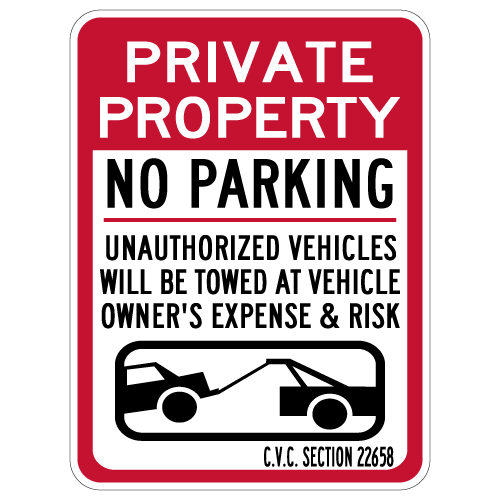 California Private Property No Parking CVC Section 22658 Sign