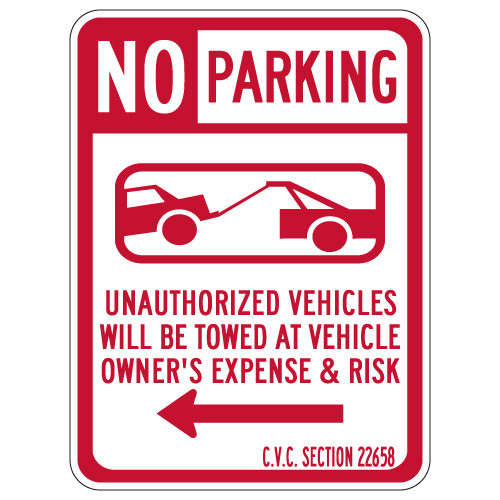 California No Parking CVC Section 22658 Sign - Left Arrow - 18x24