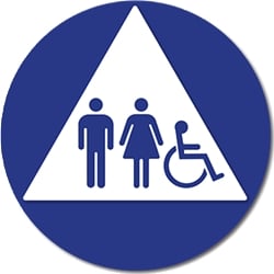 ADA Unisex Restroom Door Sign with ISA and Pictograms on White Triangle - 12x12