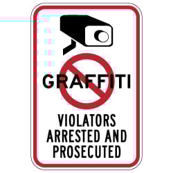 No Graffiti Symbol with Security Camera Violators Arrested and Prosecuted Sign - 12x18 - These Anti-Graffiti Surveillance Signs are Made with Reflective Rust-Free Heavy Gauge Durable Aluminum available at STOPSignsAndMore.com