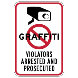 No Graffiti Symbol with Security Camera Violators Arrested and Prosecuted Sign - 12x18 - These Anti-Graffiti Surveillance Signs are Made with Reflective Rust-Free Heavy Gauge Durable Aluminum available at STOPSignsAndMore.com