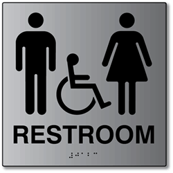 ADA Unisex Restroom Wall Sign with Male, Female and ISA (wheelchair) Pictograms and Tactile Text and Grade 2 Braille- 6x8 - Brushed aluminum is an attractive alternative to plastic ADA signs