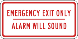 Emergency Exit Only Alarm Will Sound Signs - 12x6 - Reflective Rust-Free Aluminum Exit Signs. This 12" X 6" Emergency Exit sign is right for affixing to exit doors or walls near exit doors.