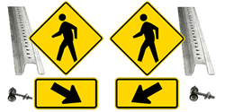 Pedestrian Crosswalk Kit includes (2) MUTCD Compliant 24x24 Reflective Pedestrian Crossing Warning Signs, (2) MUTCD Compliant Reflective Right and Left Arrow Signs, (2) 8-Foot Heavt-Gauge Galvanized U-Channel Sign Posts (4) Pairs Sign Mounting Hardware