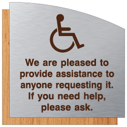 ADA We Are Pleased To Provide Assistance Sign - Brushed Aluminum & Wood Laminates with Engraved Wheelchair Symbol and Text | STOPSignsAndMore.com