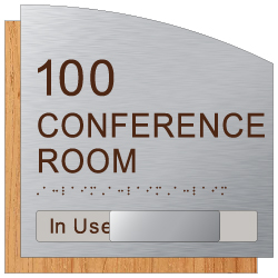 Custom Conference Room Number and Name Sign with In-Use Slide - 8.5 x 8.5 - Brushed Aluminum and Wood Laminates