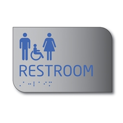 Designer ADA Unisex Restroom Wall Sign with Male, Female and ISA (wheelchair) Pictograms and Tactile Text and Grade 2 Braille- 6x8 - Brushed aluminum is an attractive alternative to plastic ADA signs
