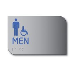 Designer ADA Mens Restroom Wall Sign with Male and Wheelchair Pictograms and Tactile Text and Grade 2 Braille- 6x4 - Brushed aluminum is an attractive alternative to plastic ADA signs