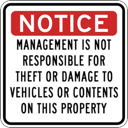 Management Not Responsible For Theft Or Damage Signs - 18x18