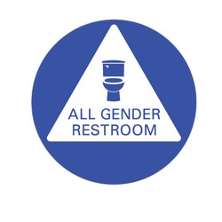 All gender restroom door sign white triangle on blue background, toilet pictogram