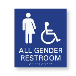 American Made High Quality ADA All Gender Restroom Wall Signs with ISA Symbol Tactile Text and Grade 2 Braille - 8x9 size.