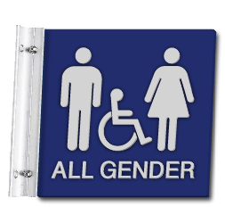 Flag Style Wall Mounted Accessible All Gender Restroom Sign with Wheelchair Symbol - 10x10 - Made with Attractive Matte Finished Acrylic and Includes Polished Aluminum Wall Bracket and Hardware. Available at STOPSignsAndMore.com