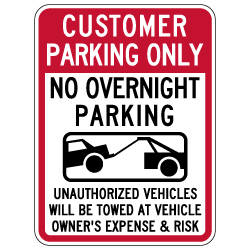 Customer Parking No Overnight Parking Tow-Away Signs - 18x24 - Available from STOPSignsAndMore.com