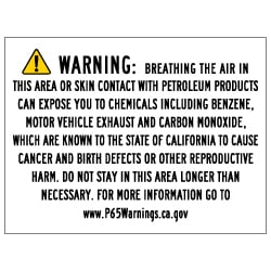 Proposition 65 Service Station Gas Pump Warning Labels - 8x6 (Package of 6). Digitally printed on rugged vinyl & outdoor-rated inks with a peel-off self-adhesive backing.