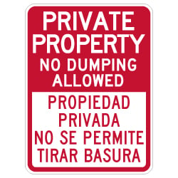 Bilingual Private Property No Dumping Allowed Sign - 18x24 - Made with Reflective Rust-Free Heavy Gauge Durable Aluminum availble from StopSignsandMore.com