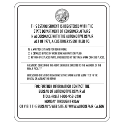 This Establishment Is Registered With the Department of Consumer Affairs...  The Official California Bureau of Automotive Repair Sign