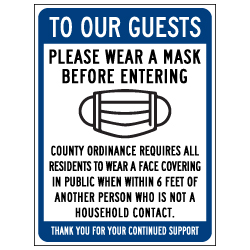 Window Decal - To Our Guests Please Wear A Mask - 6x8 (Pack of 3) - Digitally printed on rugged vinyl using outdoor-rated inks. Buy Public Health Safety Window Decals from StopSignsandMore.com