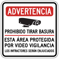 Spanish Warning No Dumping This Area Protected By Video Surveillance Sign - 18x18. Made with 3M Reflective Rust-Free Heavy Gauge Durable Aluminum available at STOPSignsAndMore