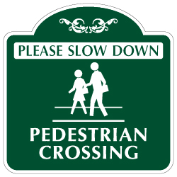 Mission Style Slow Down Pedestrian Crossing Sign - 18x18. Made with 3M Reflective Rust-Free Heavy Gauge Durable Aluminum available for quick shipping from STOPSignsAndMore