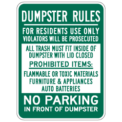 Dumpster Rules Residents Use Only Sign - 18x24 - Dumpster Signs Made with 3M Reflective Rust-Free Heavy Gauge Durable Aluminum available at STOPSignsAndMore.com