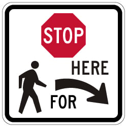 R1-5b Stop Here For Pedestrians Right Arrow Sign - 18x18 - Made with 3M Reflective Rust-Free Heavy Gauge Durable Aluminum available at STOPSignsAndMore.com