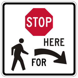 R1-5b Stop Here For Pedestrians Right Arrow Sign - 24x24 - Made with 3M Reflective Rust-Free Heavy Gauge Durable Aluminum available at STOPSignsAndMore.com