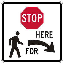 R1-5b Stop Here For Pedestrians Right Arrow Sign - 30x30 - Made with 3M Reflective Rust-Free Heavy Gauge Durable Aluminum available at STOPSignsAndMore.com