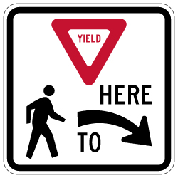 R1-5 Yield Here To Pedestrians Right Arrow Sign - 18x18. Crosswalk Sign Made with 3M Reflective Rust-Free Heavy Gauge Durable Aluminum available at STOPSignsAndMore