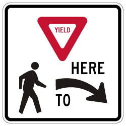 R1-5 Yield Here To Pedestrians Right Arrow Sign - 30x30. Crosswalk Sign Made with 3M Reflective Rust-Free Heavy Gauge Durable Aluminum available at STOPSignsAndMore