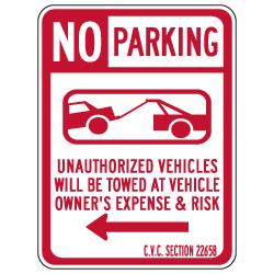 California No Parking CVC Section 22658 Sign - Left Arrow - 12x18 - Made with 3M Reflective Rust-Free Heavy Gauge Durable Aluminum available at STOPSignsAndMore.com