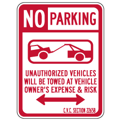 California No Parking CVC Section 22658 Sign - Double Arrow - 12x18 - Made with 3M Reflective Rust-Free Heavy Gauge Durable Aluminum available at STOPSignsAndMore.com