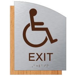 ADA Accessible Exit Sign - 6.5" x 8.5" - Brushed Aluminum and Maple Fusion Wood Grain Laminate - Tactile Text & Grade 2 Braille | STOPSignsAndMore.com