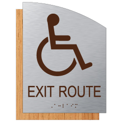 ADA Accessible Exit Route Sign - 6.5" x 8.5" - Brushed Aluminum and Maple Fusion Wood Grain Laminate - Tactile Text & Grade 2 Braille | STOPSignsAndMore.com