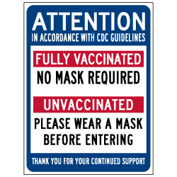 Window Decal - Fully Vaccinated Persons No Mask Required - 6x8 (Pack of 3) - Digitally printed on rugged vinyl using outdoor-rated inks. Buy Public Health Safety Window Decals from StopSignsandMore.com