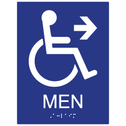 ADA Compliant Wheelchair Access Pictogram Men Restroom Wall Sign with Right Directional Arrow. Tactile Text and Grade 2 Braille Included.