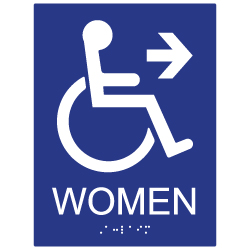 ADA Compliant Wheelchair Access Pictogram Women Restroom Wall Sign with Right Directional Arrow. Tactile Text and Grade 2 Braille Included.