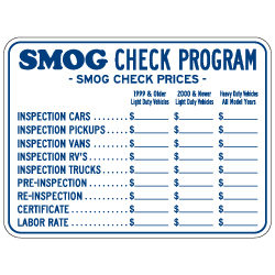 SMOG Check Program and Inspection Rates Sign - 24x18 - Non-Reflective, Heavy-Gauge Rust-Free Aluminum Auto Repair Rates Sign Available From STOPSignsAndMore.com