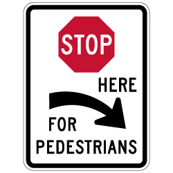 R1-5cR STOP Here For Pedestrians Right Arrow Sign - 18x24 - Crosswalk Sign Made with 3M Reflective Rust-Free Heavy Gauge Durable Aluminum available at STOPSignsAndMore