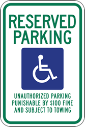 Tennessee State Reserved Handicap Parking Sign - 12x18