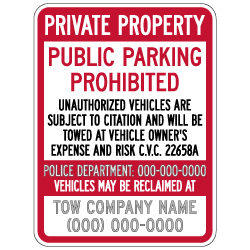 Semi-Custom California Private Property Public Parking Prohibited