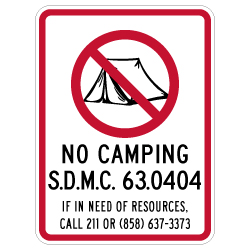 City of San Diego M.C. No Camping Sign - 18x24 - Reflective rust-free heavy-gauge aluminum Property Signs