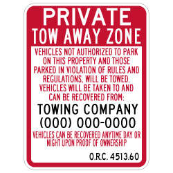 Semi-Custom Ohio Tow Away State Code 4513.60 Sign - 18x24 - Made with 3M Reflective Sheeting and Rust-Free Heavy Gauge Durable Aluminum.