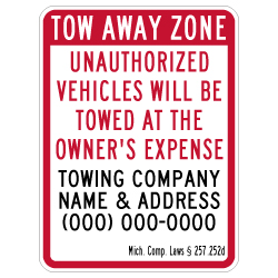 Semi-Custom Michigan Tow Away State Law 257.252d Sign - 18x24 - Made with 3M Reflective Sheeting and Rust-Free Heavy Gauge Durable Aluminum.