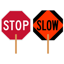 Hand-held STOP-SLOW Paddle signs - STOP Side is High Intensity Prismatic (HIP) Reflective, and SLOW side uses both HIP and Diamond Grade (DG3) Reflective. Sign is made with durable Light-Weight (.050) Aluminum